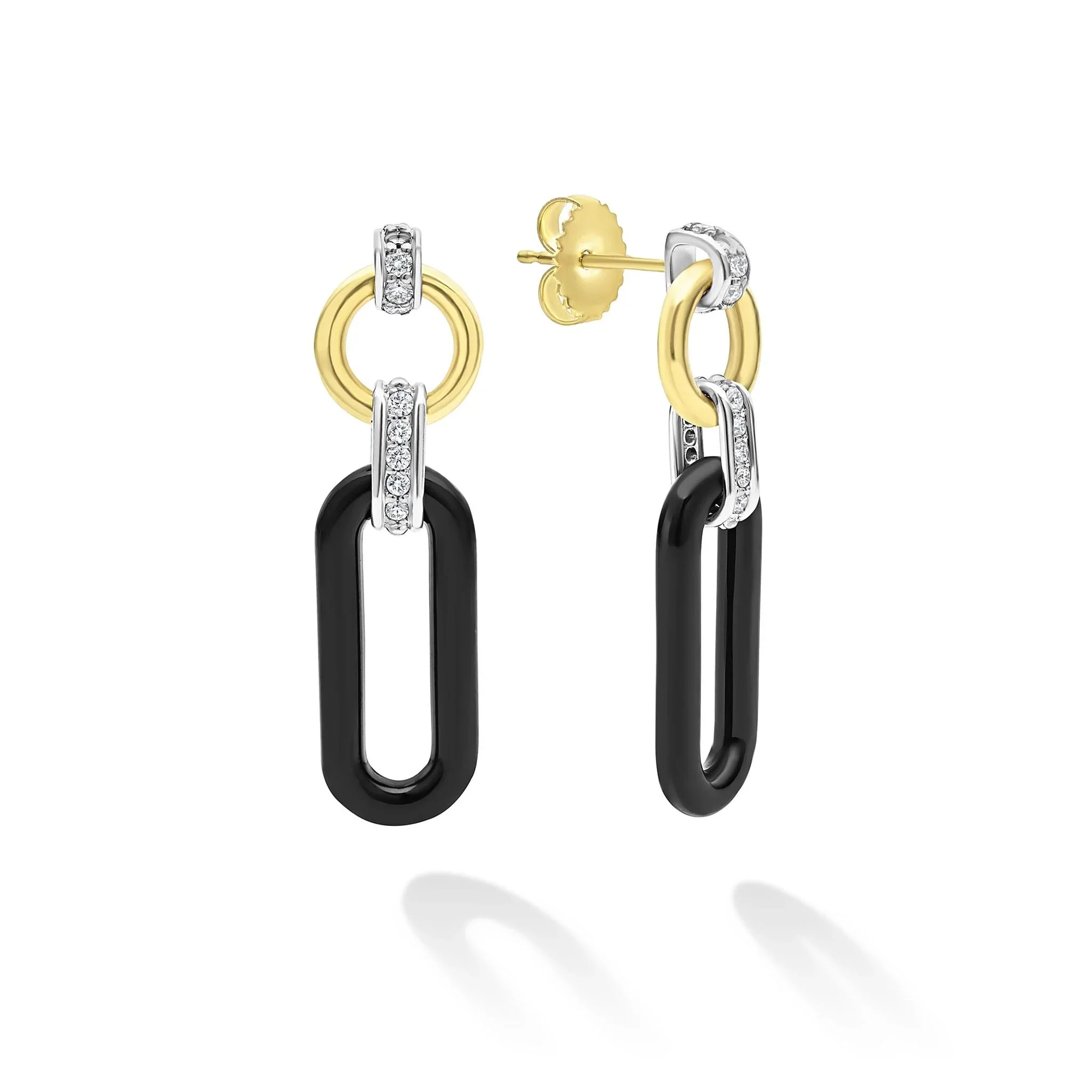 18K Gold and Black Ceramic Diamond Link Drop Earrings - Image 3