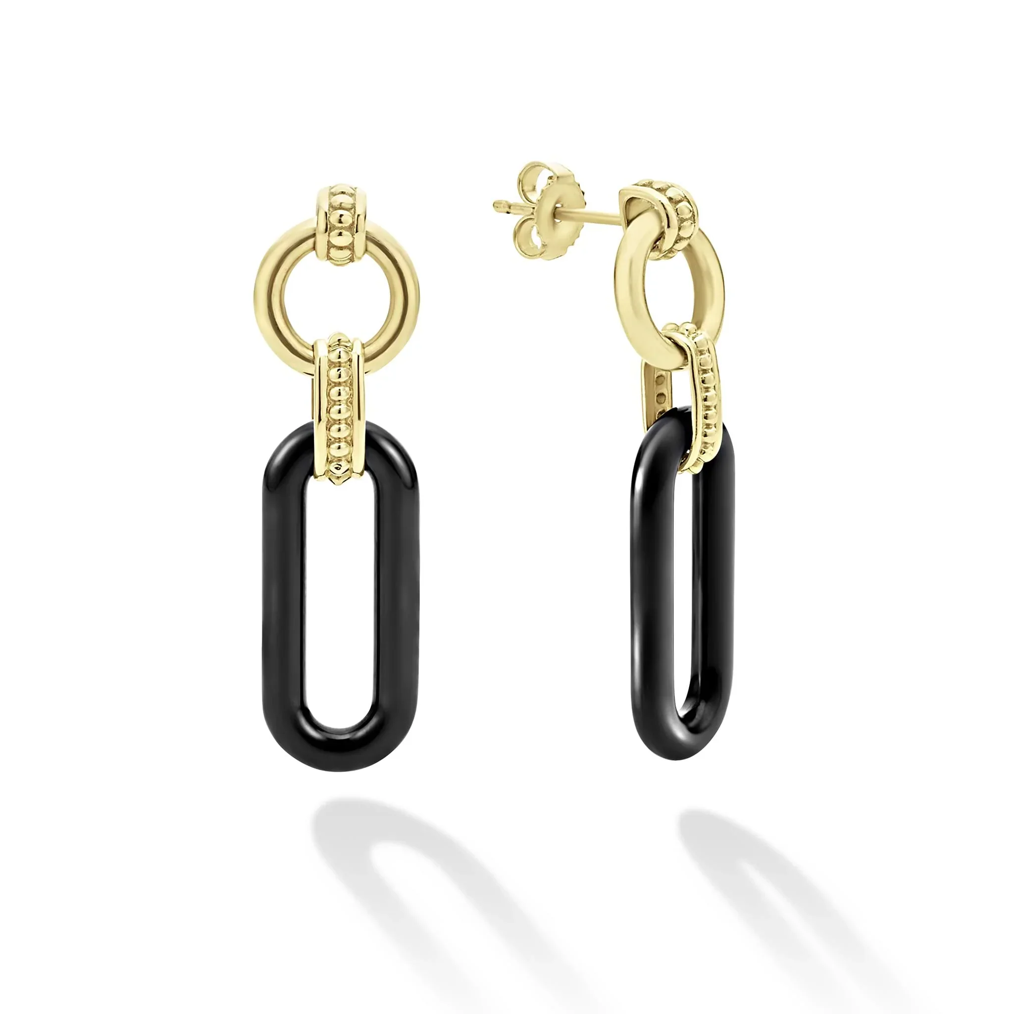 18K Gold and Black Ceramic Link Drop Earrings - Image 3