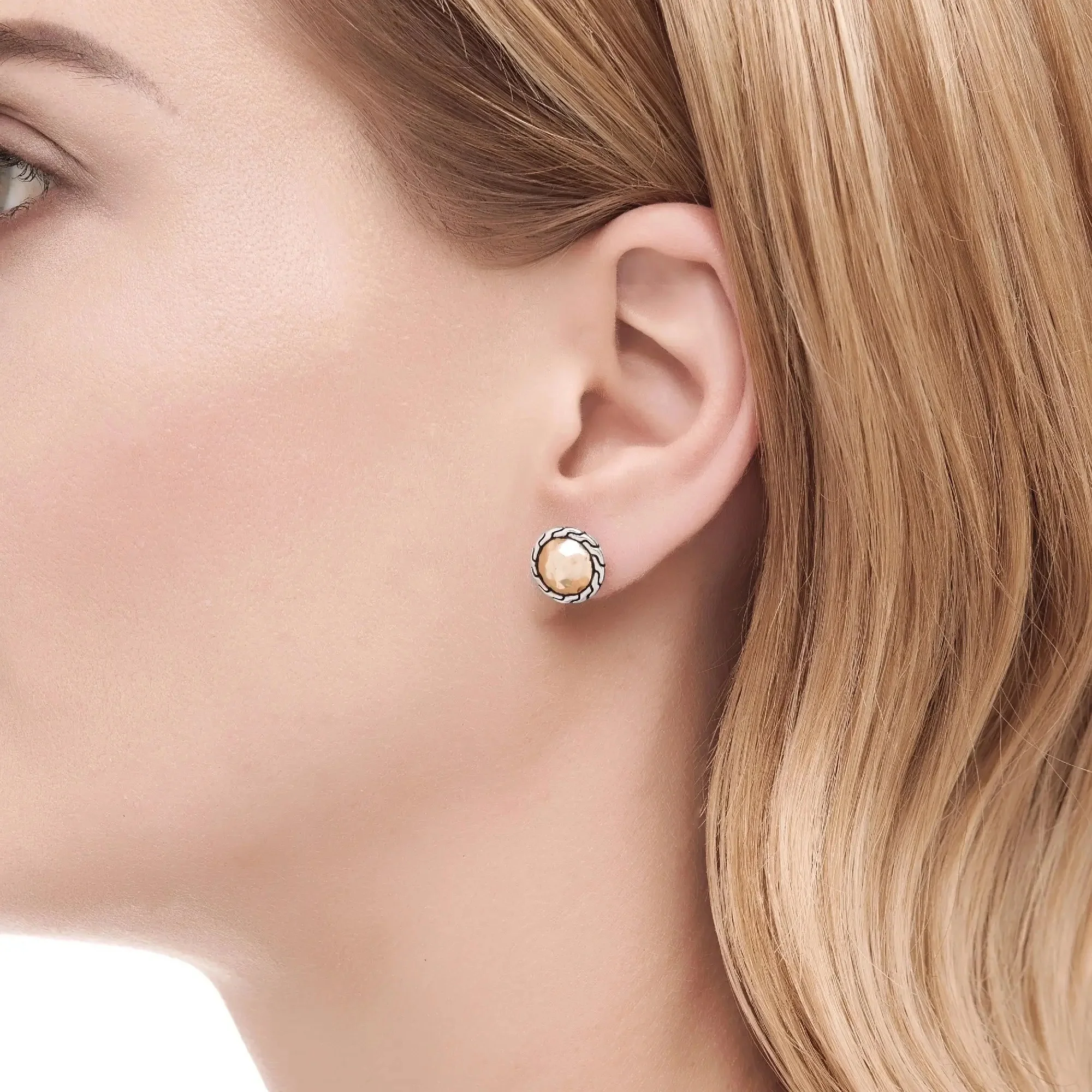 18K Yellow Gold, Sterling Silver Hammered Stud Earrings - Image 3