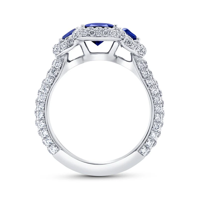 3-Stone-Halo Emerald Cut Blue Sapphire Ring - Image 2