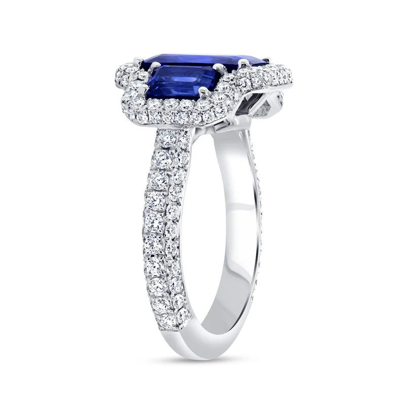 3-Stone-Halo Emerald Cut Blue Sapphire Ring - Image 3