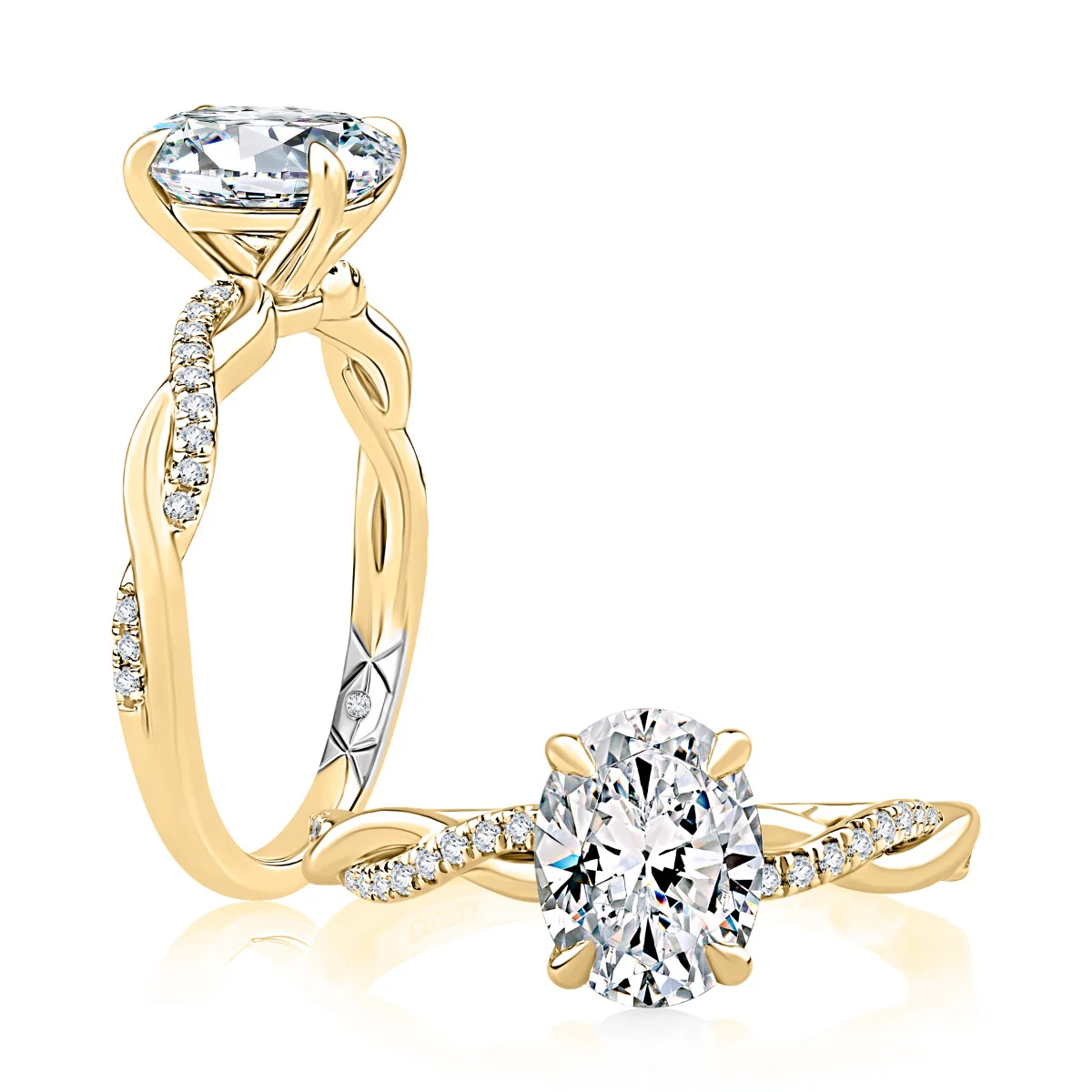 Alternating Plain Metal and Diamond Split Shank Crossover Oval Cut Engagement Ring - Image 2