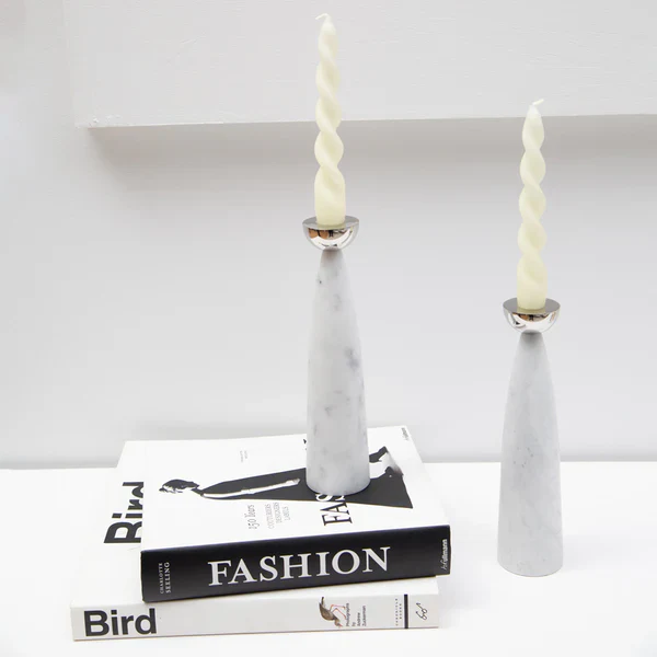 Coluna Candle Holders, Marble & Silver, Set of 2 - Image 2