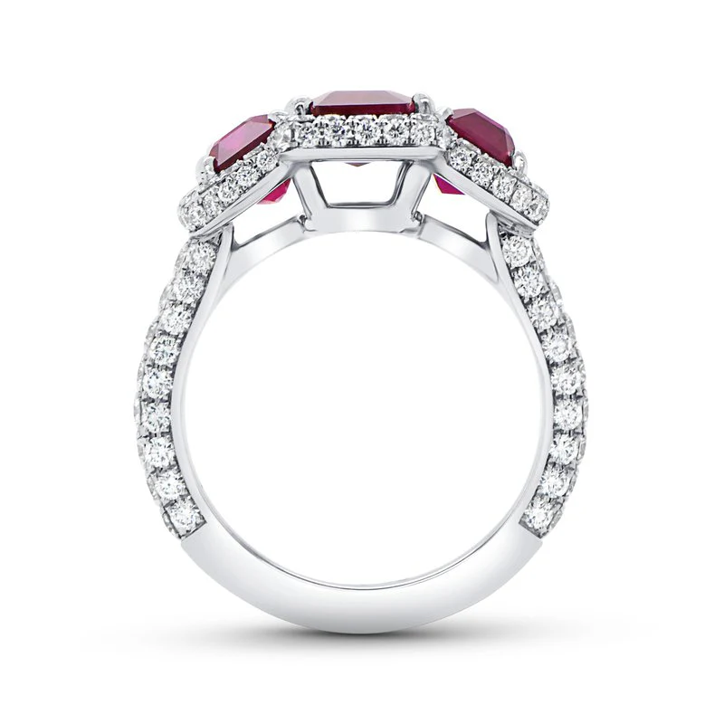 Diamond Halo Emerald Cut Ruby Ring - Image 3