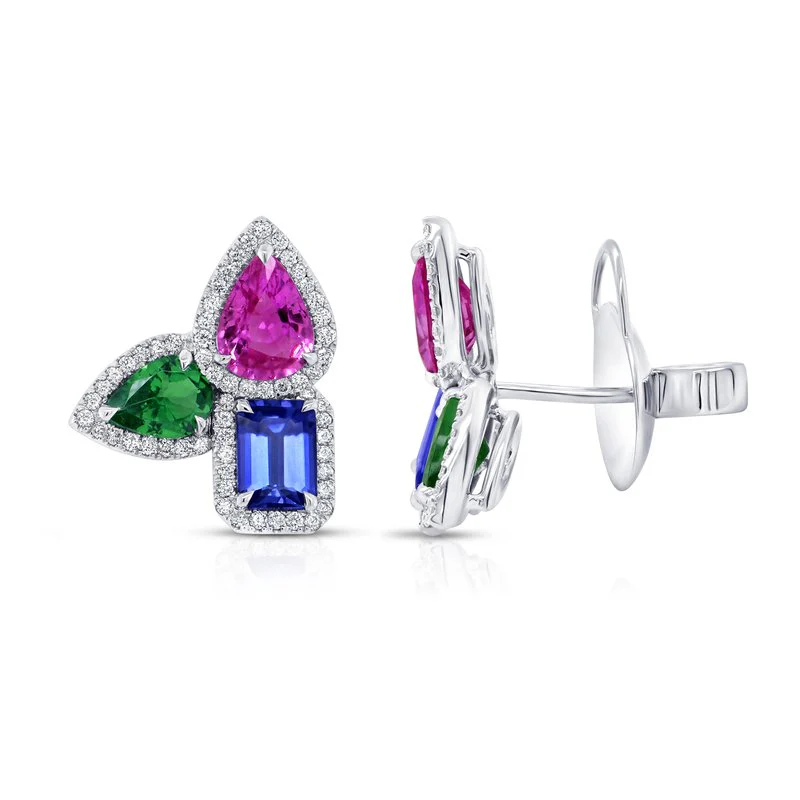 Diamond Halo Garnet Stud Earrings - Image 2