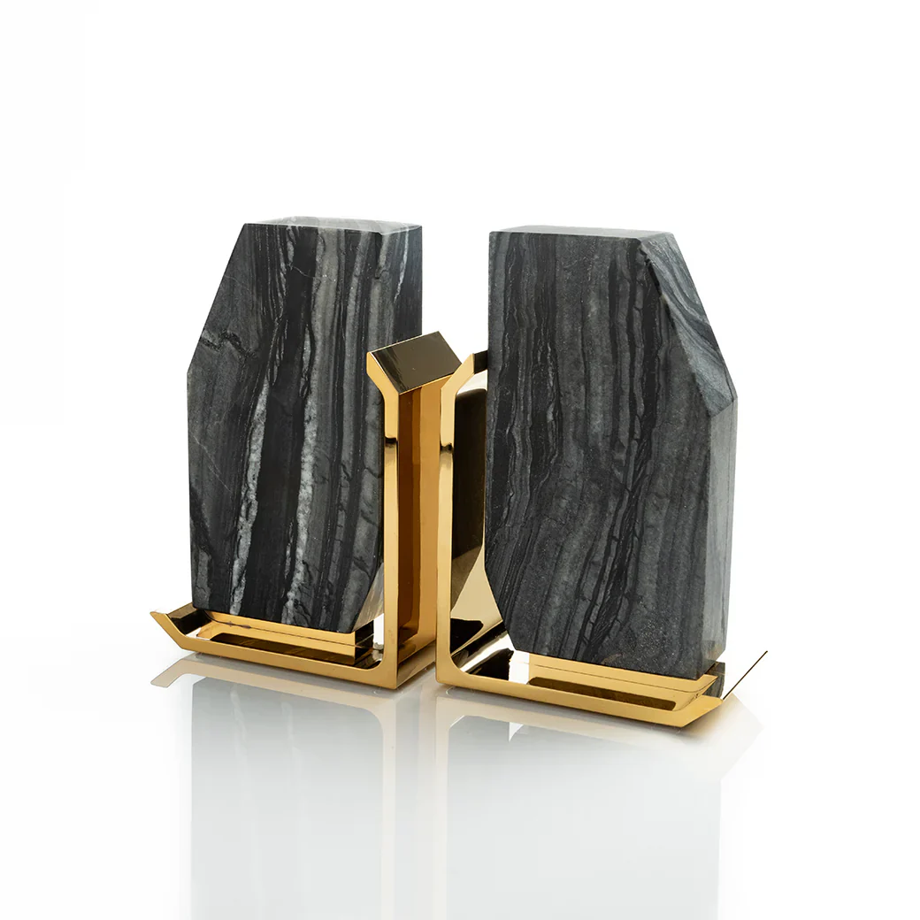 Fim Geo Bookends, Grey Marble & Gold, Set of 2 - Image 2