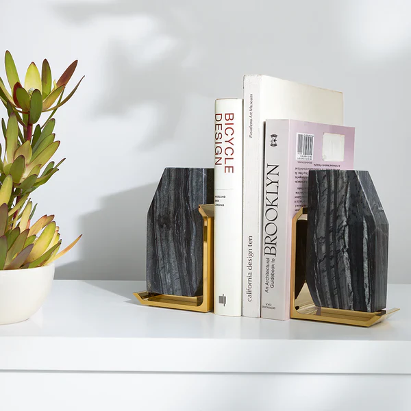 Fim Geo Bookends, Grey Marble & Gold, Set of 2 - Image 3