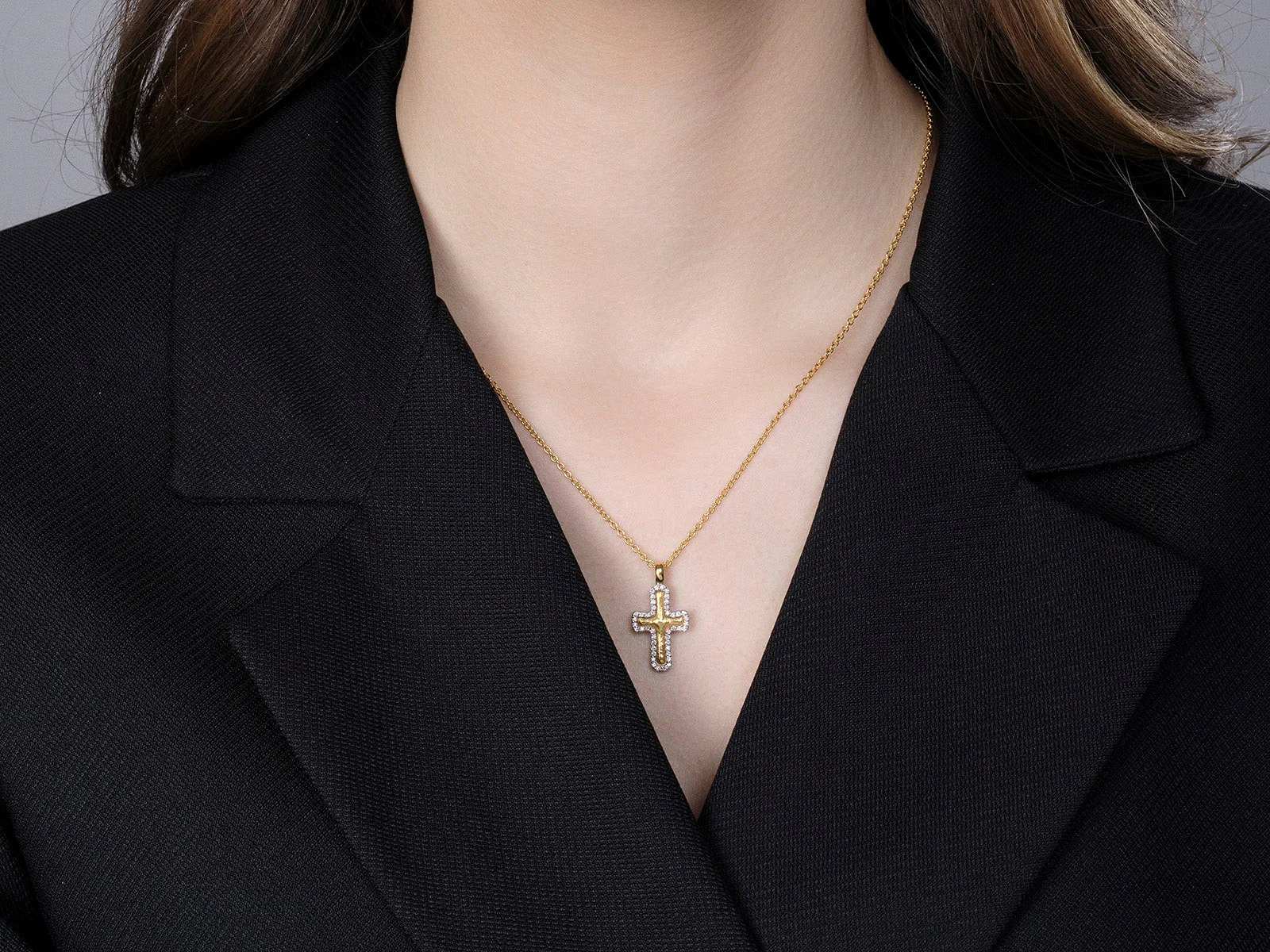 Gold Cross Pendant Necklace with White Gold Pave Frame with Diamonds - Image 2