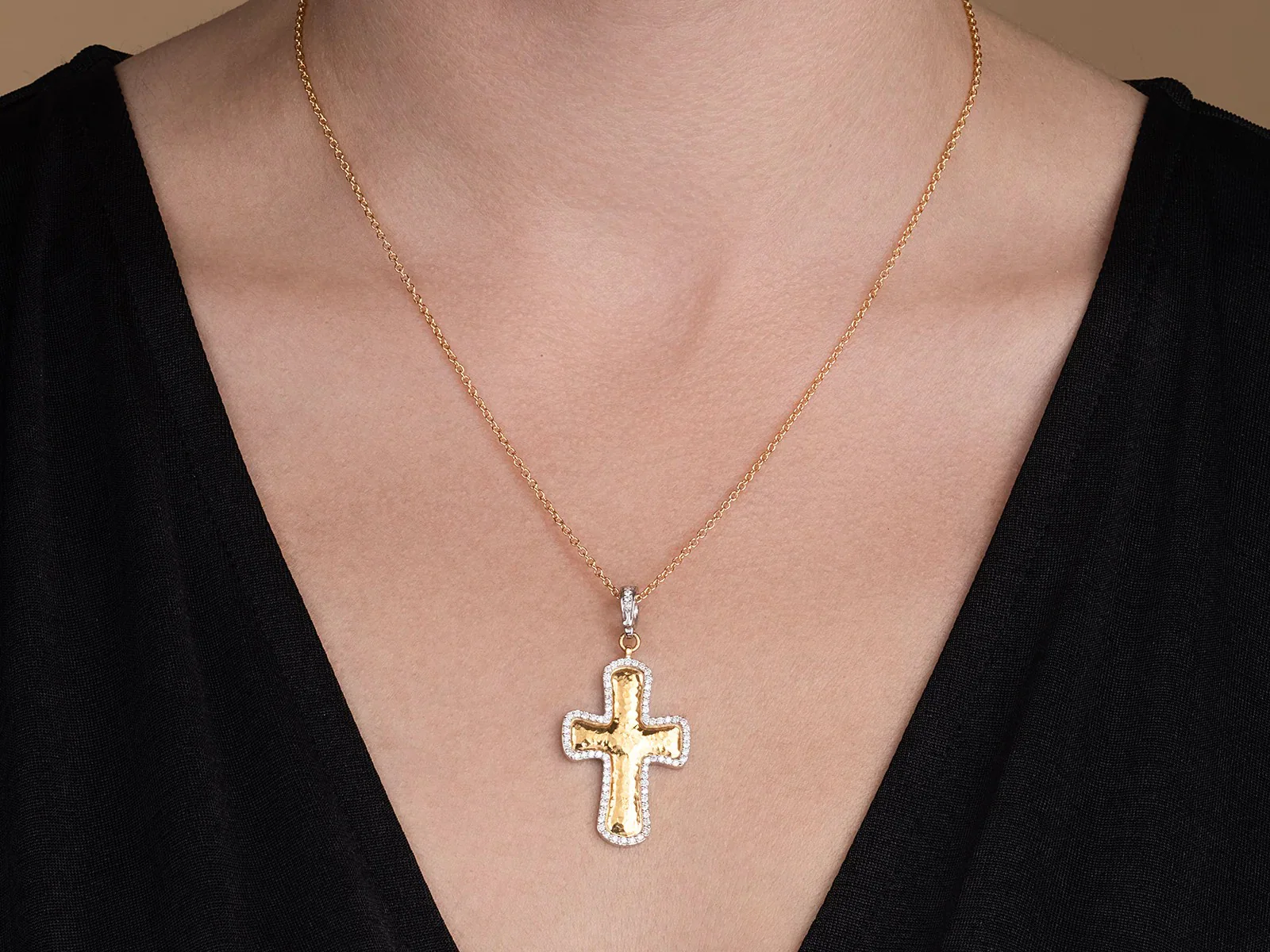 Gold Cross Pendant Necklace with White Gold Pave Frame with Diamonds - Image 2