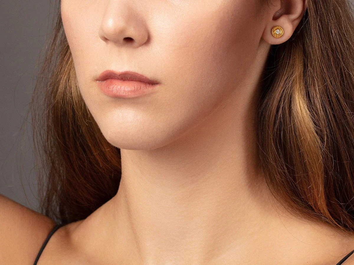 24K Gold Stud Earrings with Diamonds - Image 3