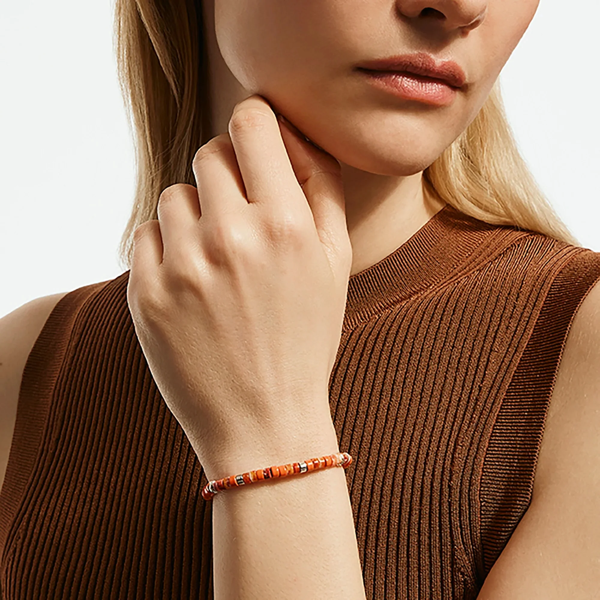 Heishi Beaded Bracelet - Oyster Shell and Orange enamel - Image 2