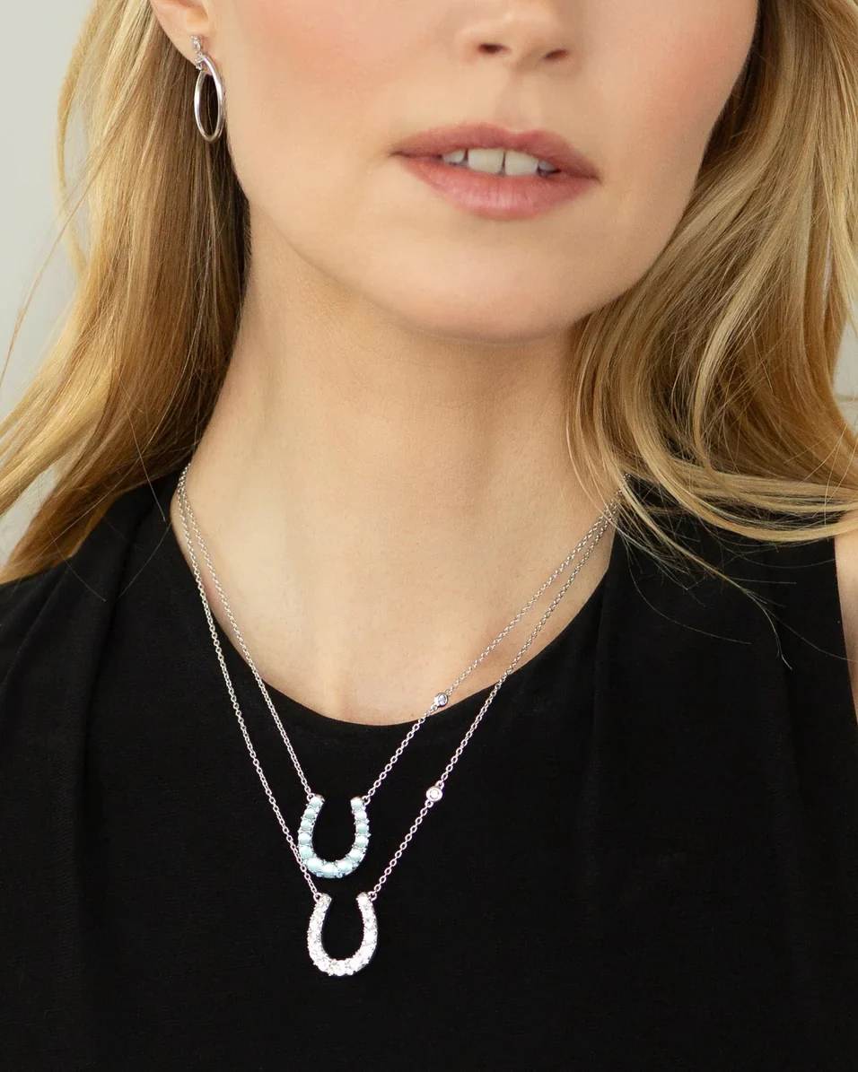 "Luck" Horseshoe Necklace with Blue Topaz, Mother of Pearl, and Blue Sapphire - Image 2