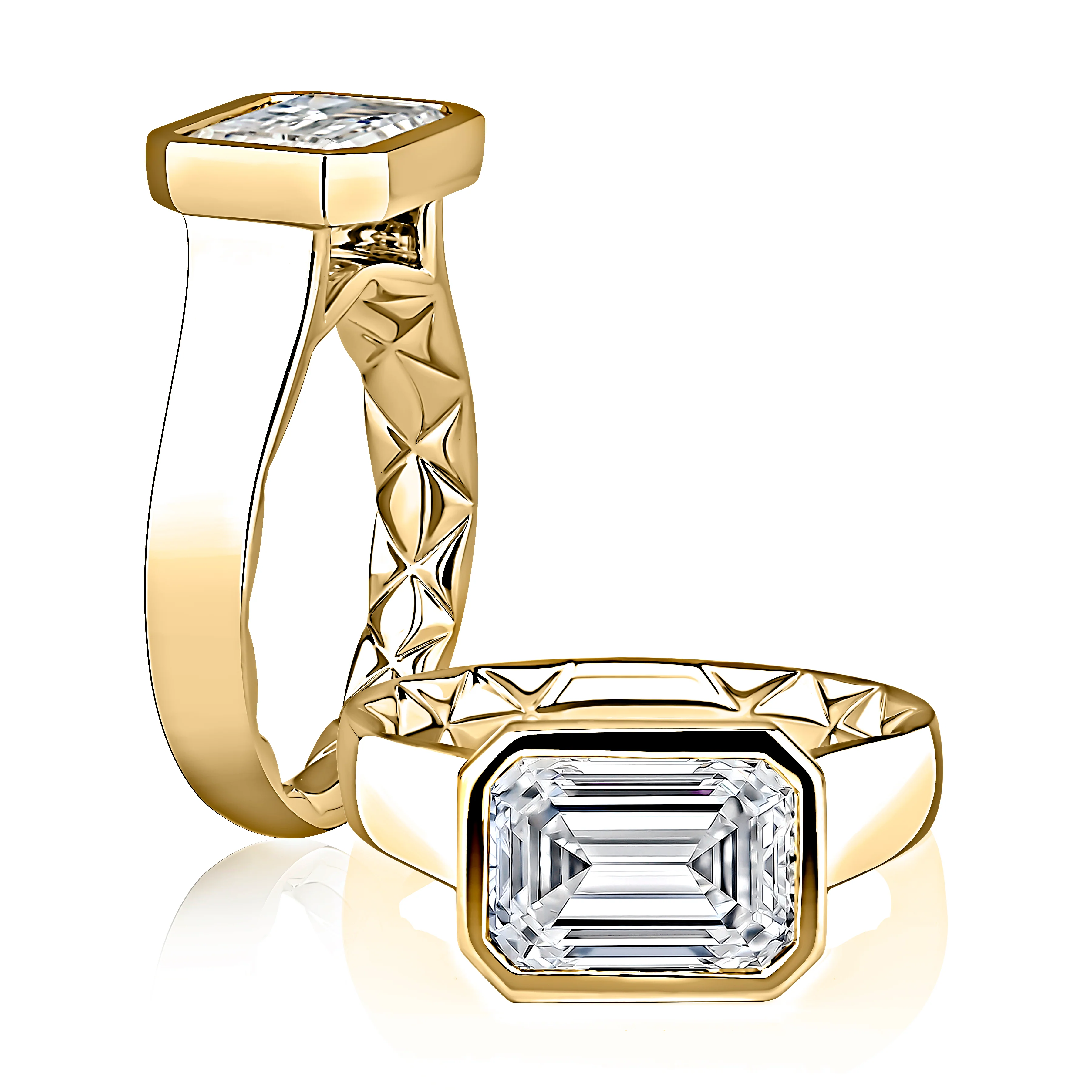 Modern East West Bezel Set Emerald Diamond Ring - Image 2