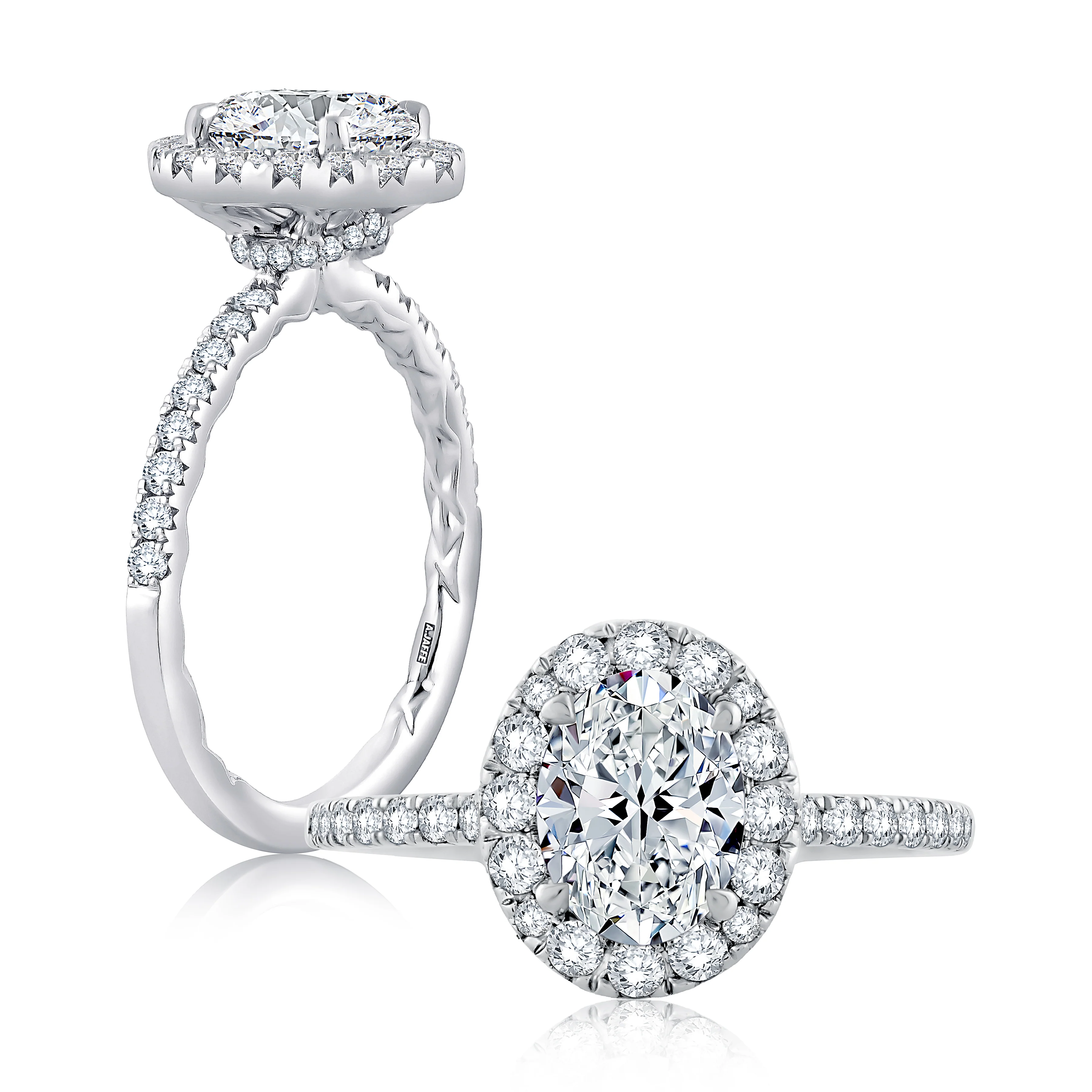Oval Halo Engagement Ring with Belted Gallery Detail - Image 3