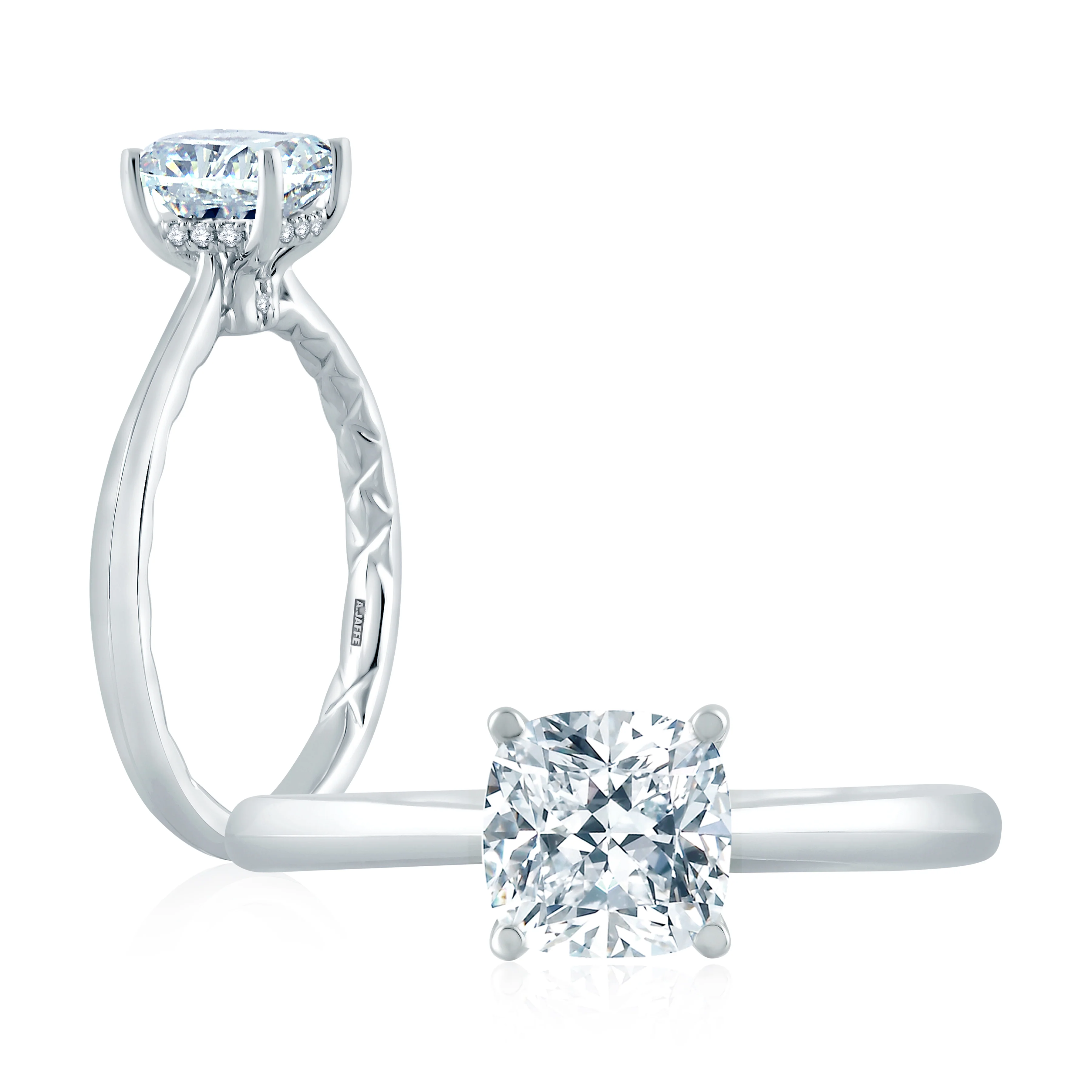 Peek-A-Boo Pave Profile Cushion Center Diamond Quilted Engagement Ring - Image 2