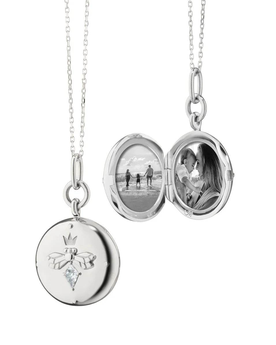 "Queen Bee" Sterling Silver Locket Necklace with White Sapphire - Image 3