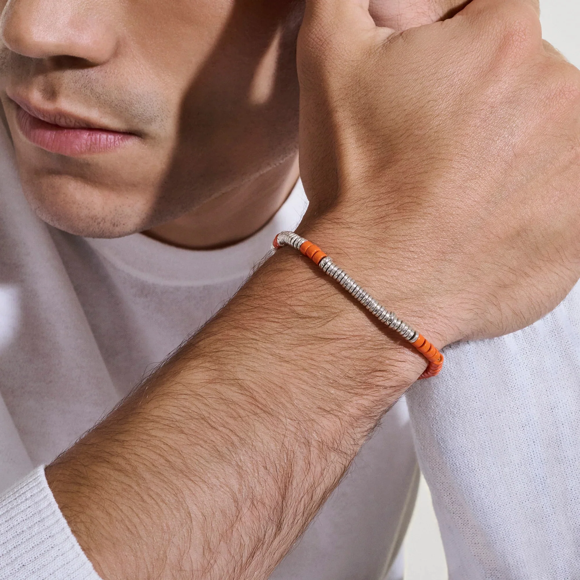 Sterling Silver Orange Enamel Heishi Chain Bracelet - Image 3
