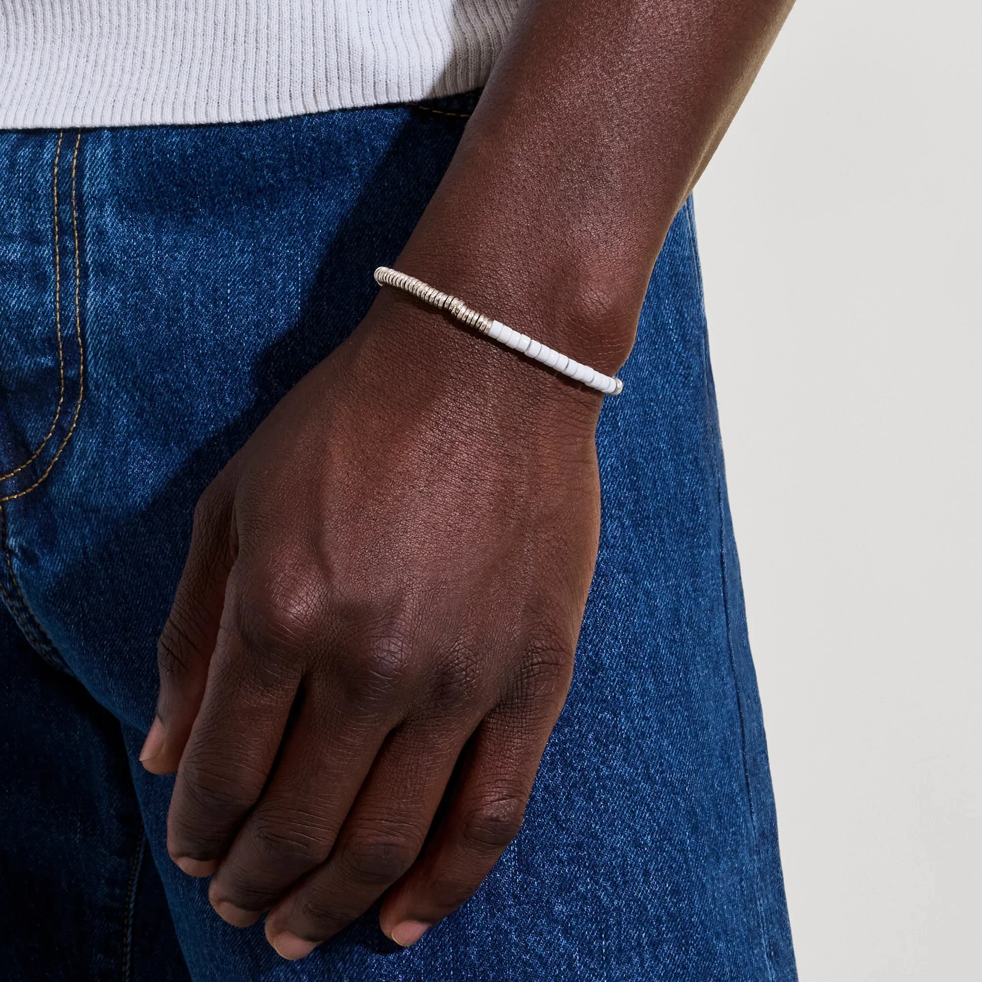 Sterling Silver White Enamel Heishi Chain Bracelet - Image 3