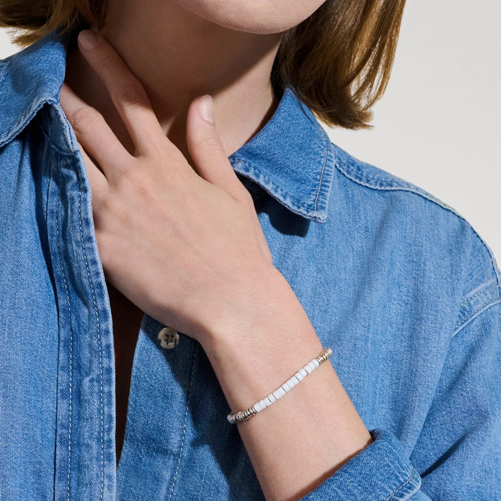 Sterling Silver White Enamel Heishi Chain Bracelet - Image 4