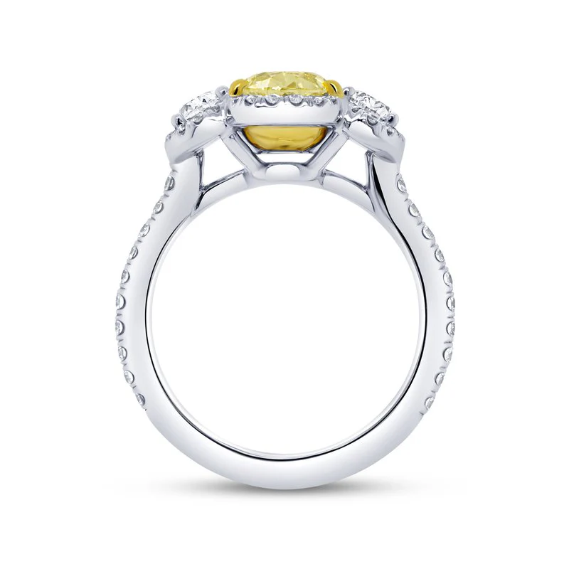 Three-Stone Halo Oval Shaped Fancy Light Yellow Diamond Ring - Image 3