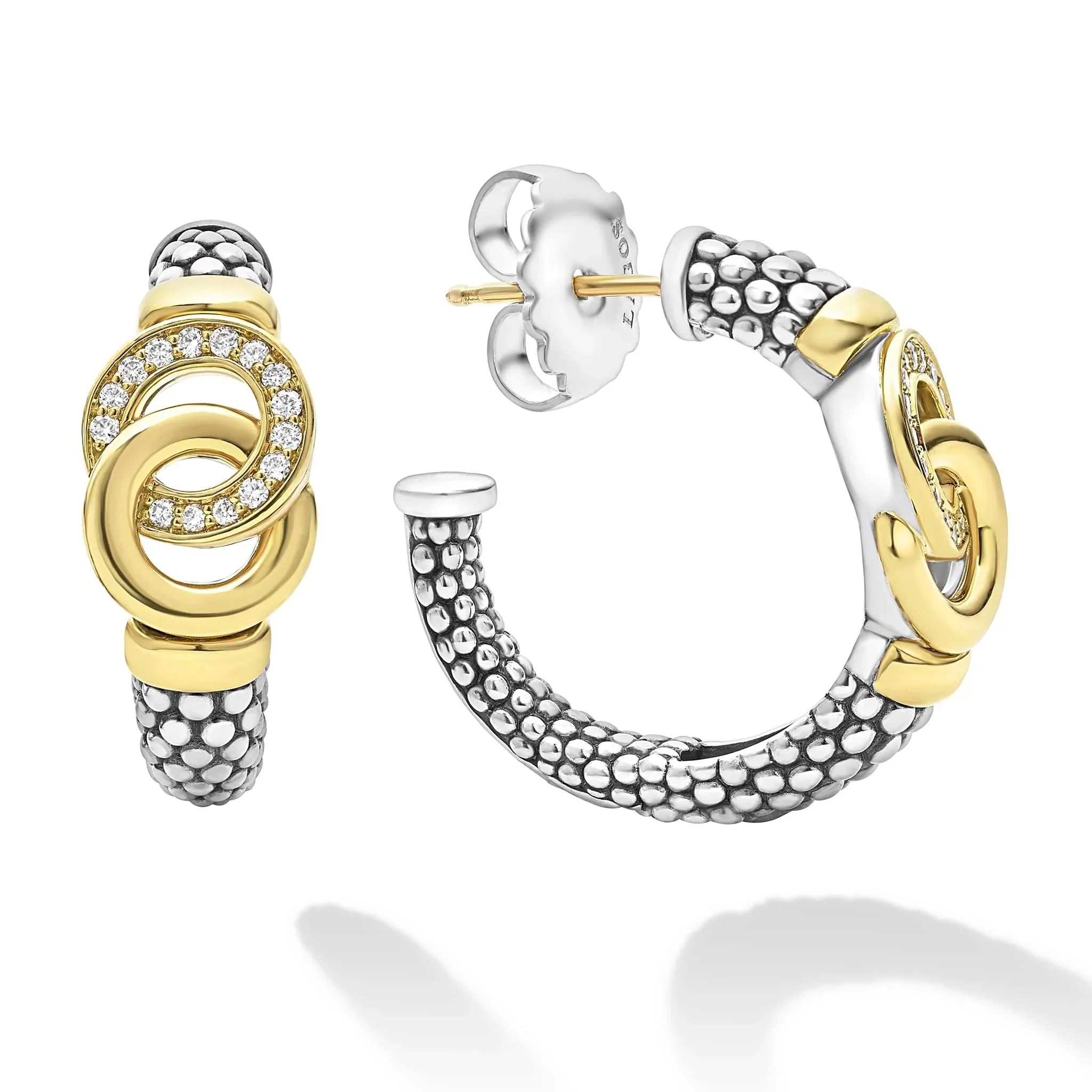 Two-Tone Interlocking Diamond Caviar Hoop Earrings - Image 2