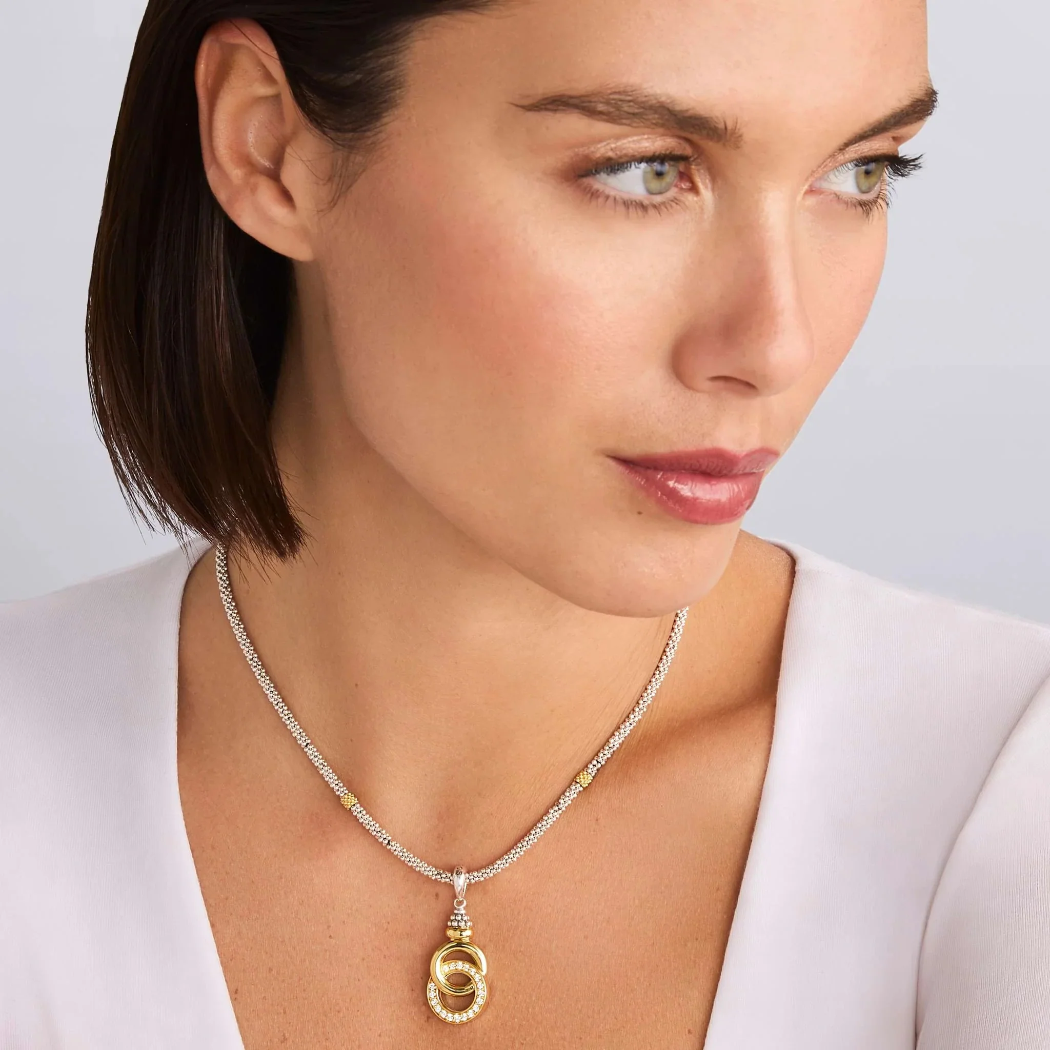 Two-Tone Interlocking Diamond Pendant Necklace - Image 3