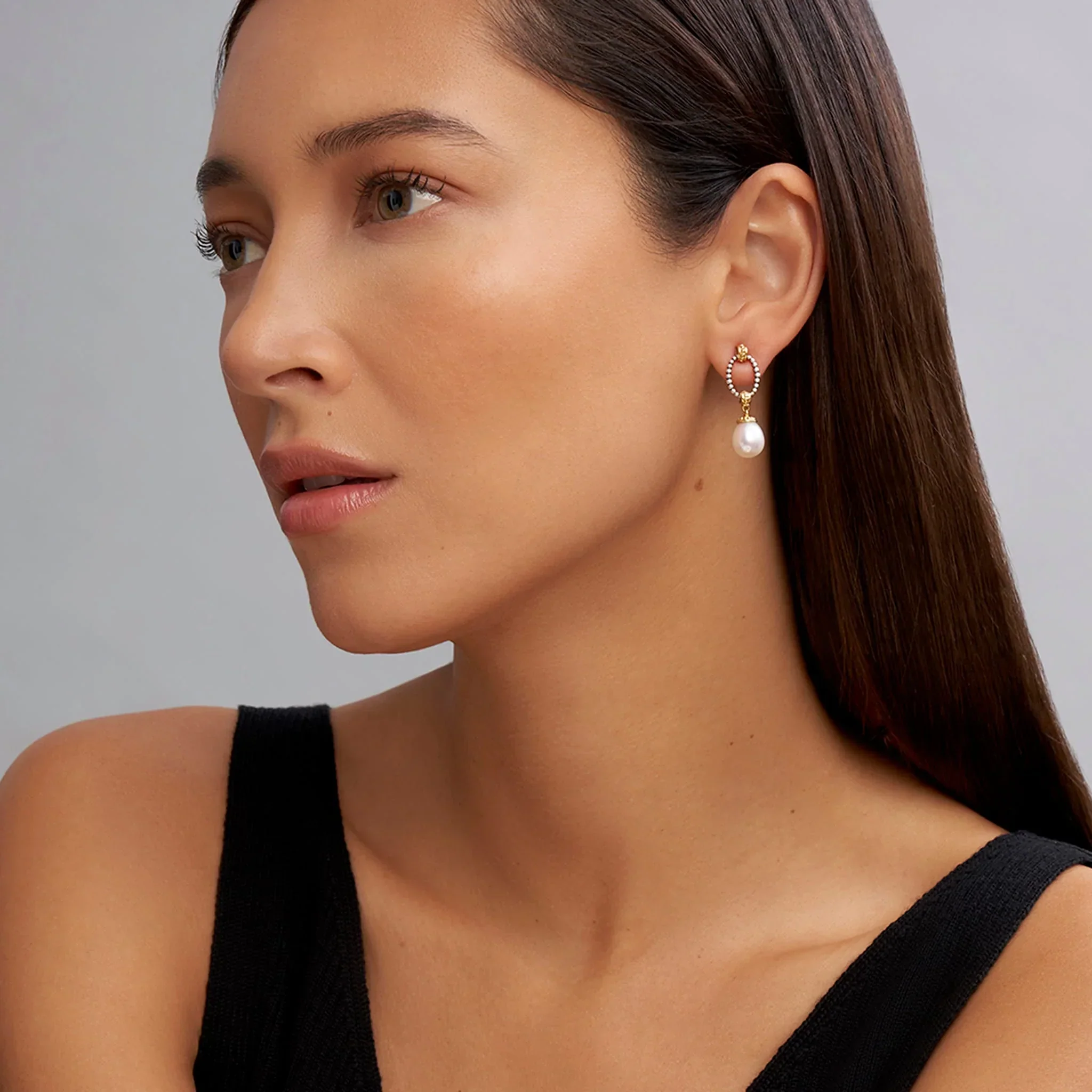 Two-Tone Oval Drop Pearl Earrings - Image 2