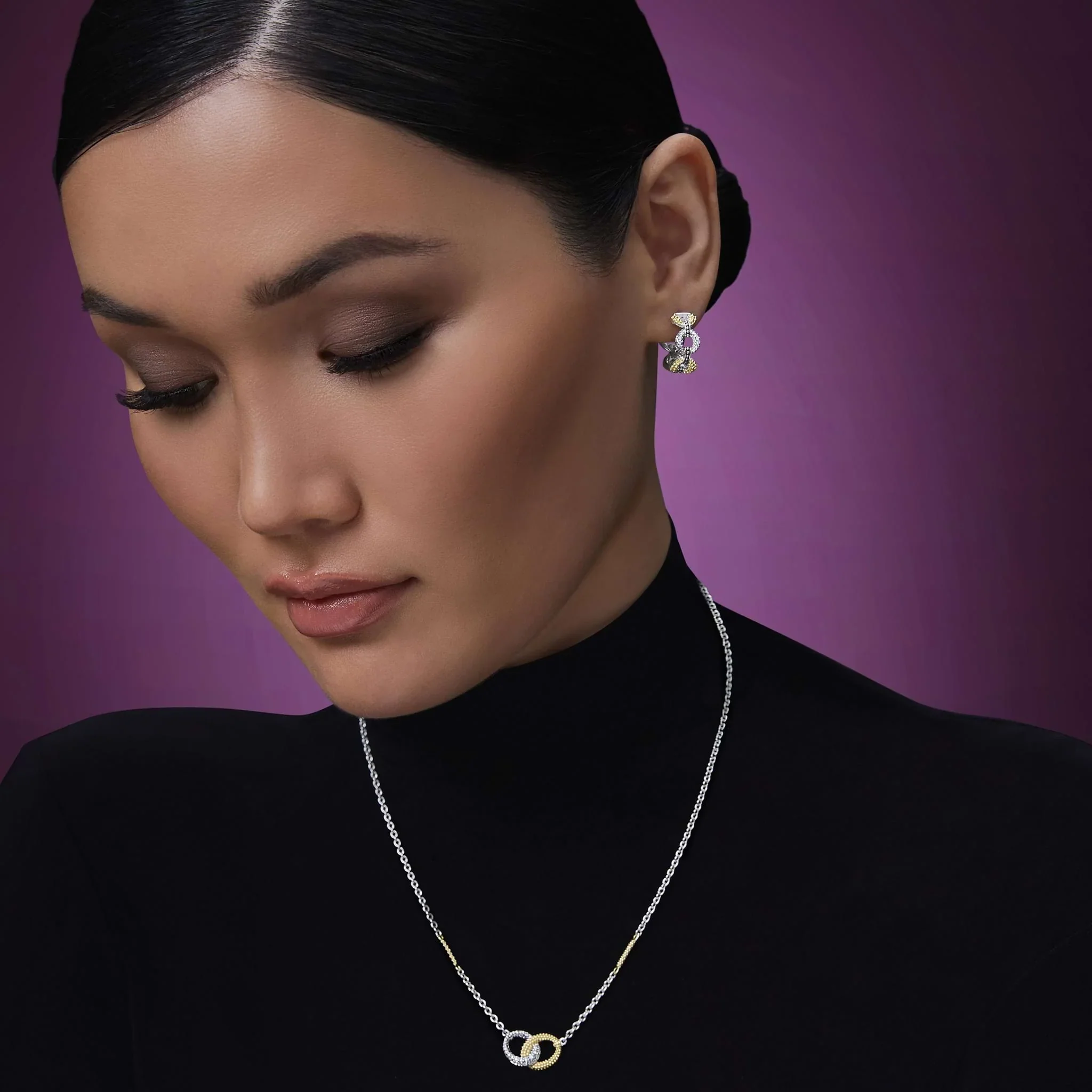 Two-Tone Petite Link Diamond Hoop Earrings - Image 4
