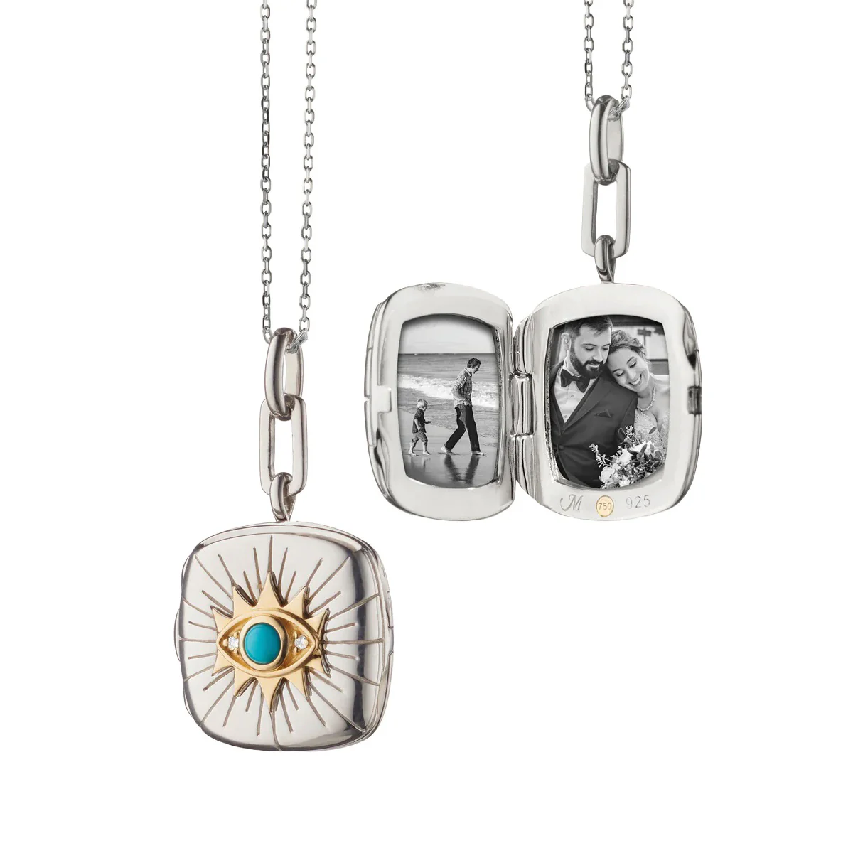 Two Tone "Protect" Evil Eye Locket Necklace with Turquoise and White Sapphire - Image 3